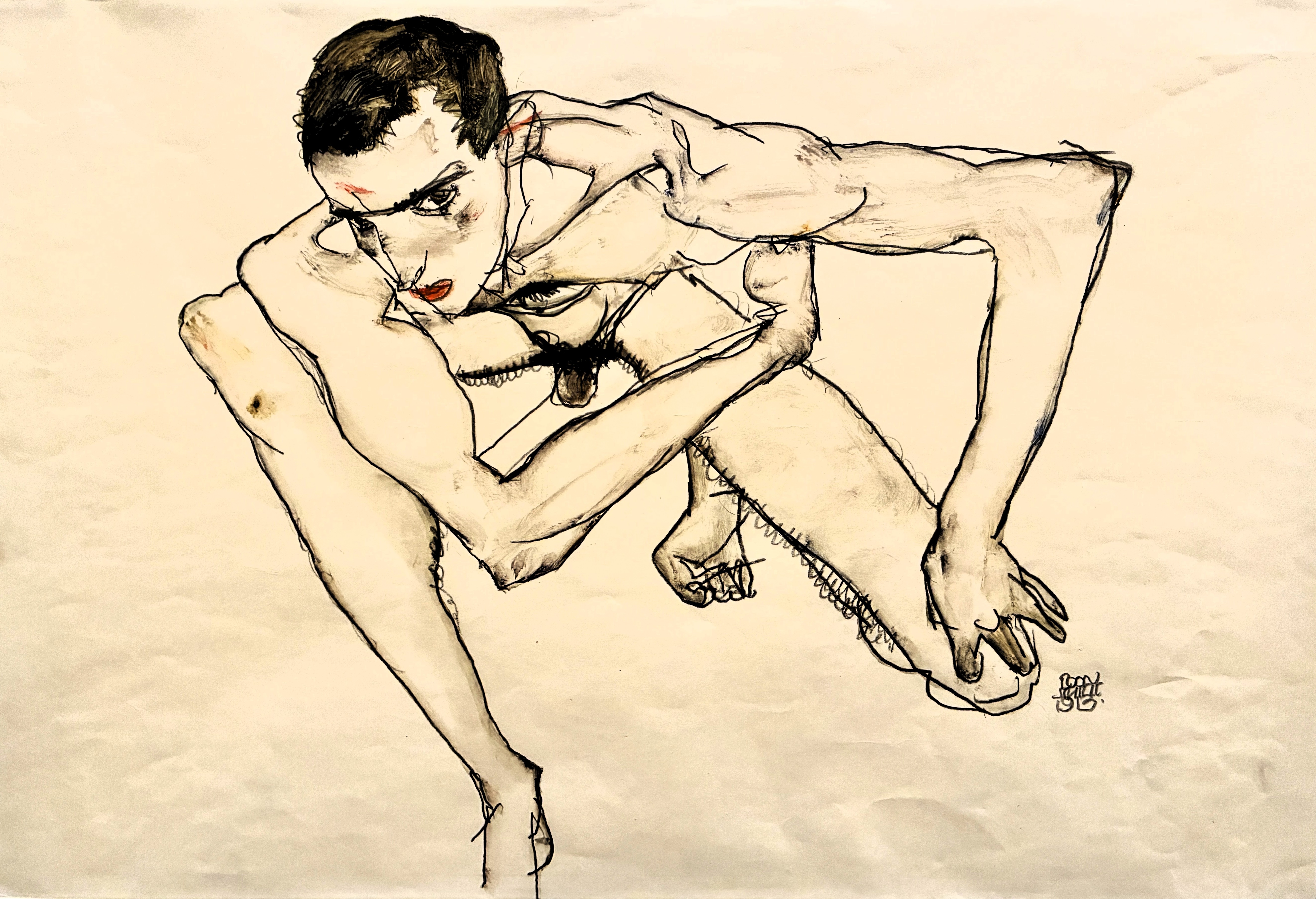 Egon Schiele self-portrait in crouching position, an angular public-domain portrait study with expressive line